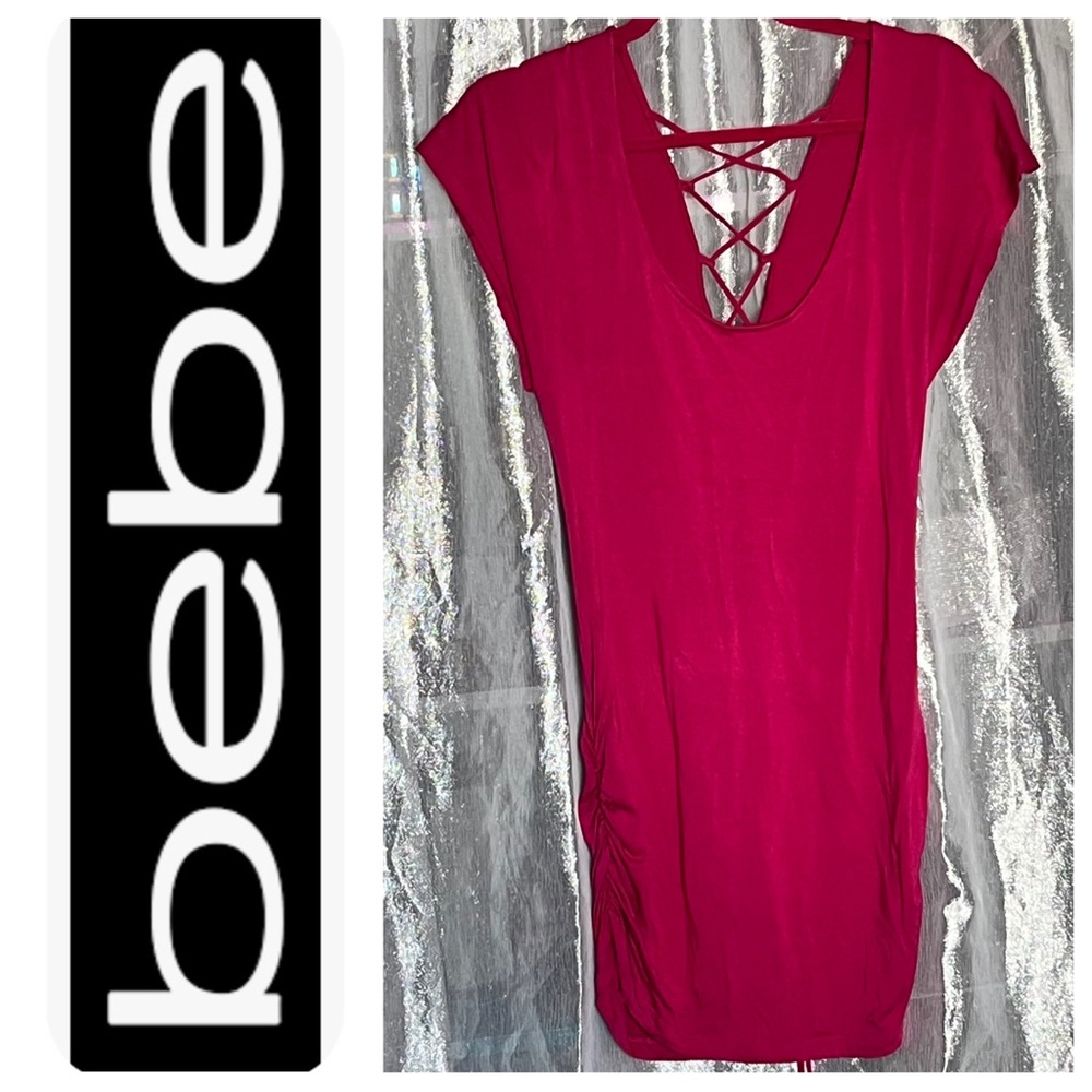 BEBE magenta ruched lace up dress